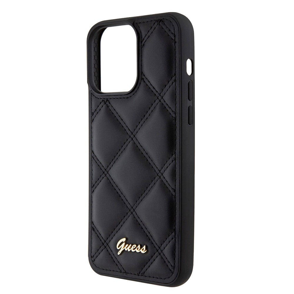 Apple iPhone 15 Pro Max Kılıf Guess Orjinal Lisanslı PU Deri Metal Yazı Logolu Kapitone Kapak