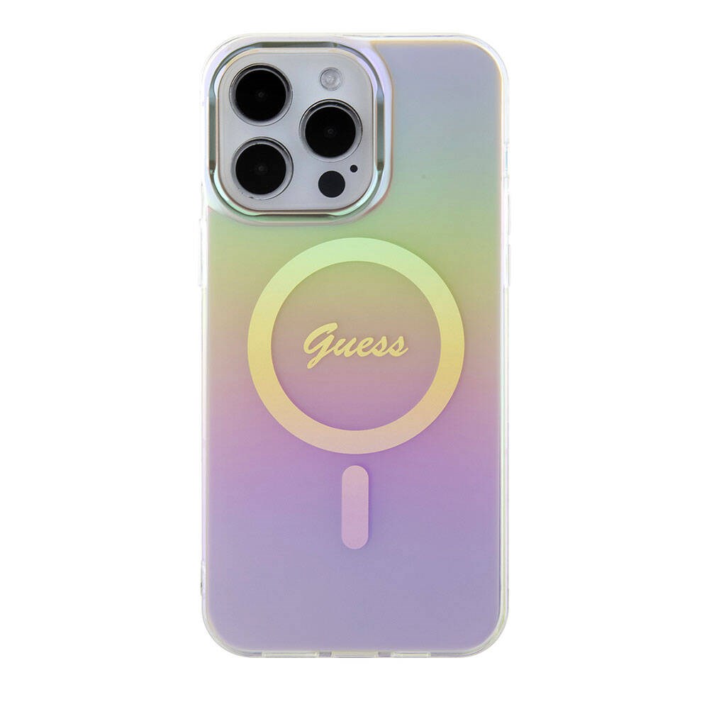 Apple iPhone 15 Pro Max Kılıf Guess Orjinal Lisanslı M-safe Şarj Özellikli Yazı Logolu Iridescent Kapak