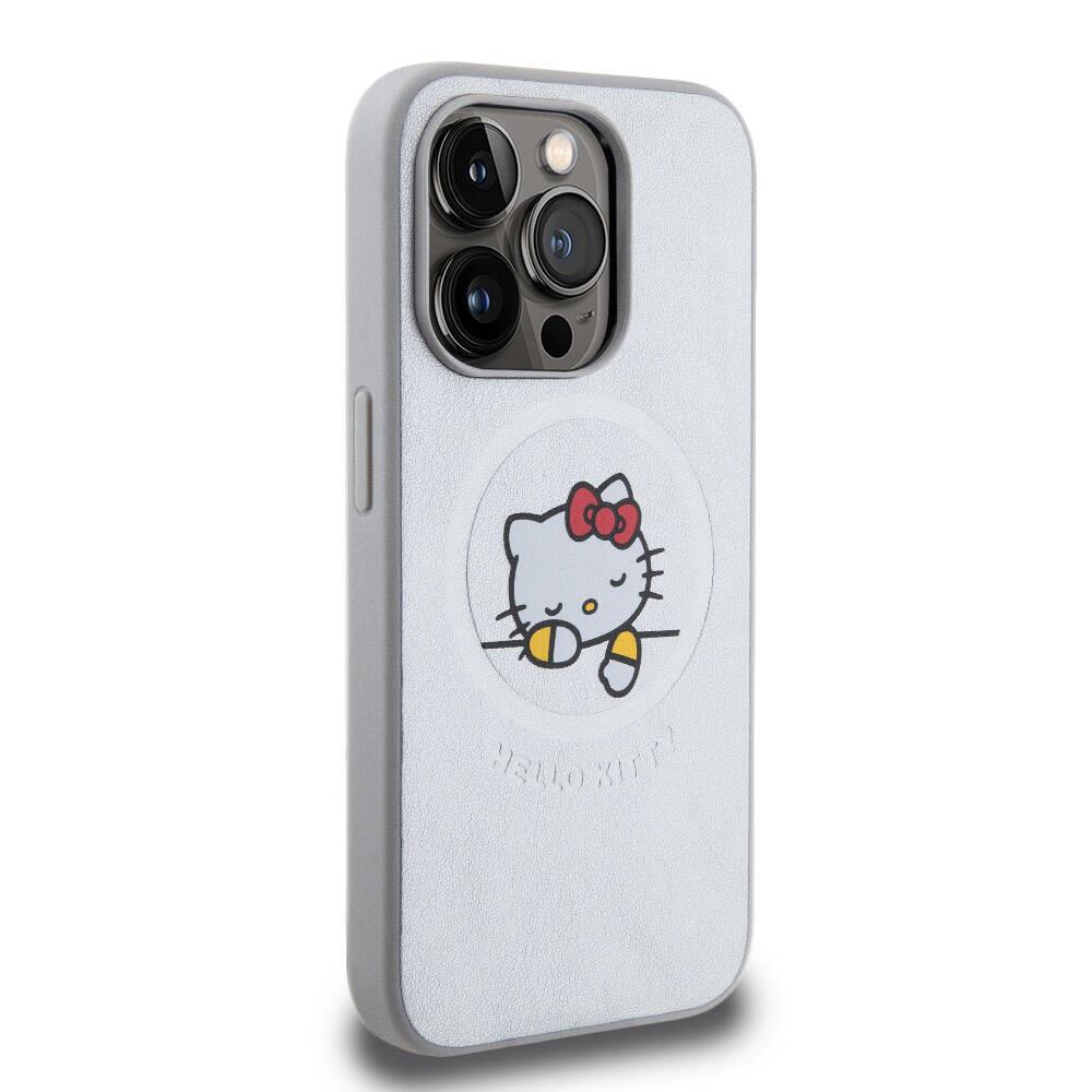 Apple iPhone 15 Pro Max Kılıf Hello Kitty Orjinal Lisanslı M-safe Şarj Özellikli Baskı Logolu Uyuyan Kitty Deri Kapak