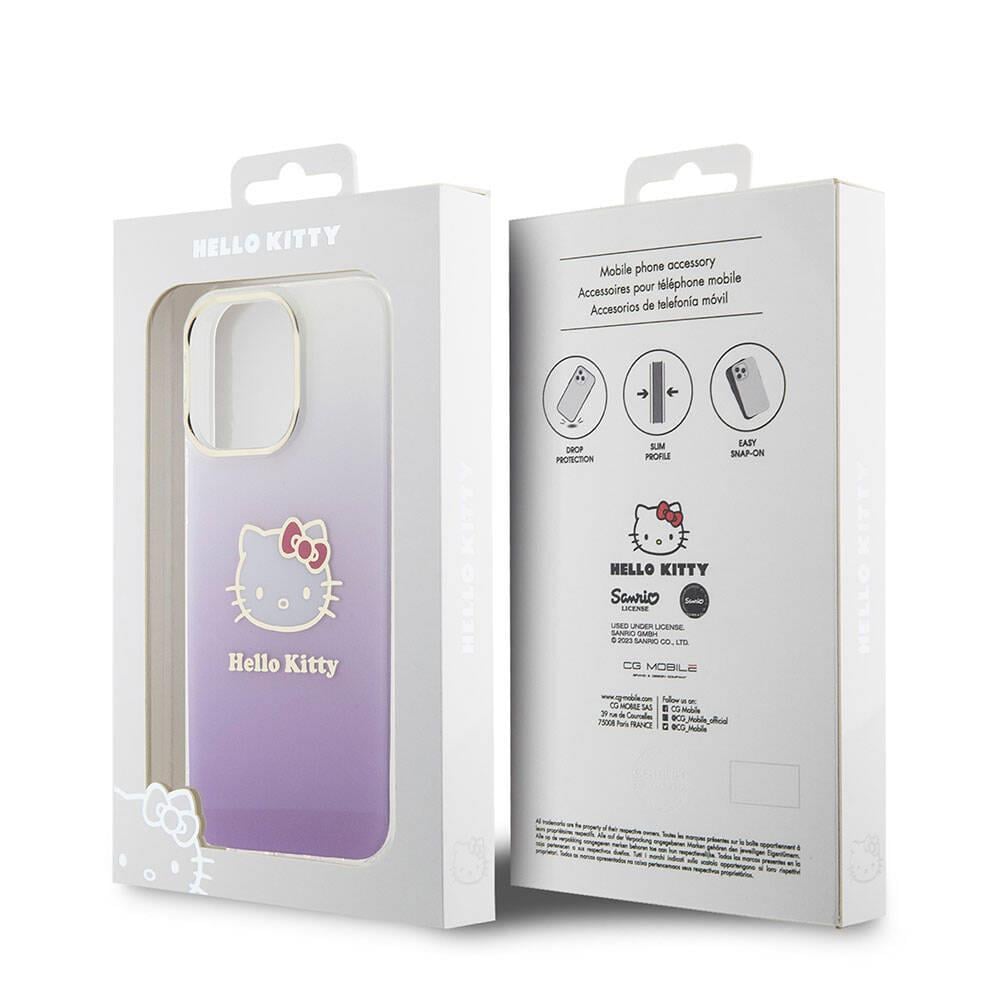 Apple iPhone 15 Pro Max Kılıf Hello Kitty Orjinal Lisanslı Yazı ve İkonik Logolu Elektroplating Kaplama Gradyan Kapak