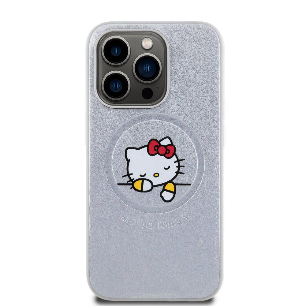 Apple iPhone 15 Pro Max Kılıf Hello Kitty Orjinal Lisanslı M-safe Şarj Özellikli Baskı Logolu Uyuyan Kitty Deri Kapak