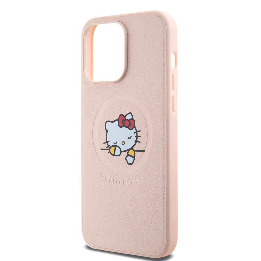 Apple iPhone 15 Pro Max Kılıf Hello Kitty Orjinal Lisanslı M-safe Şarj Özellikli Baskı Logolu Uyuyan Kitty Deri Kapak