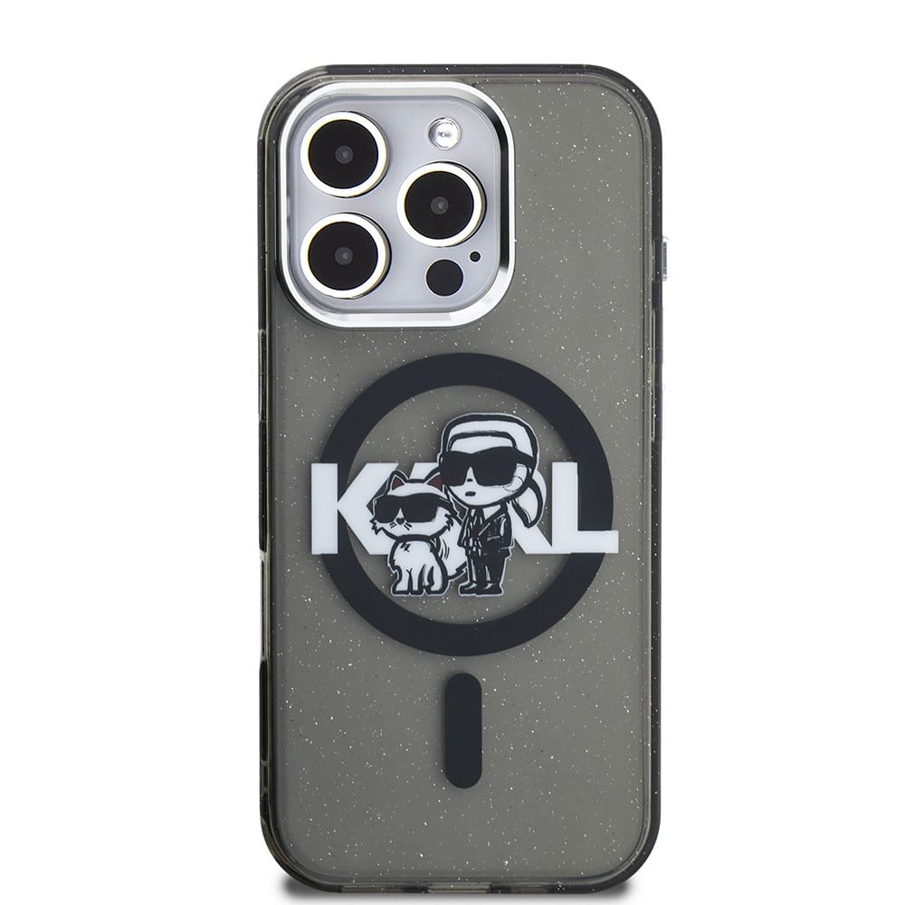 Apple iPhone 15 Pro Max Kılıf Karl Lagerfeld Orjinal Lisanslı Parlayan Simli Karl & Choupette Sketch Logo Kapak