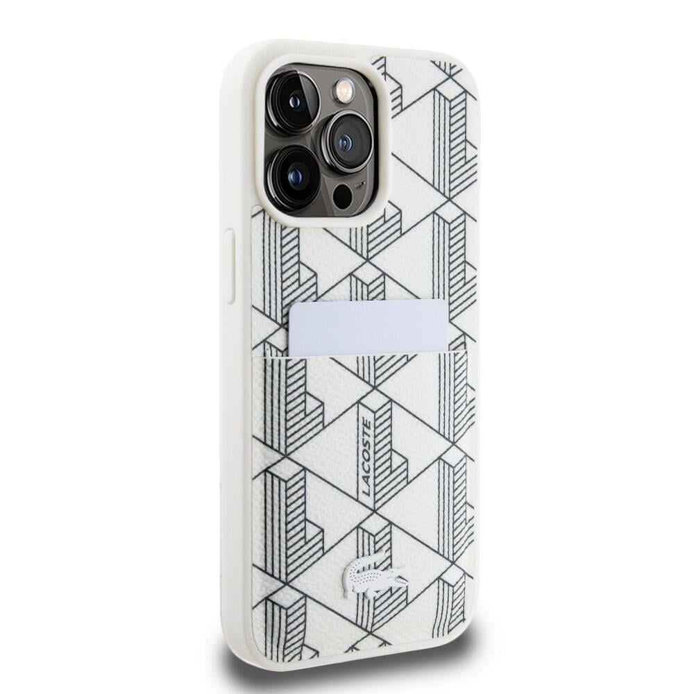 Apple iPhone 15 Pro Max Kılıf Lacoste Orjinal Lisanslı M-safe Şarj Özellikli PU Deri Görünümlü Kartlıklı Karışık Monogram Desenli Kapak