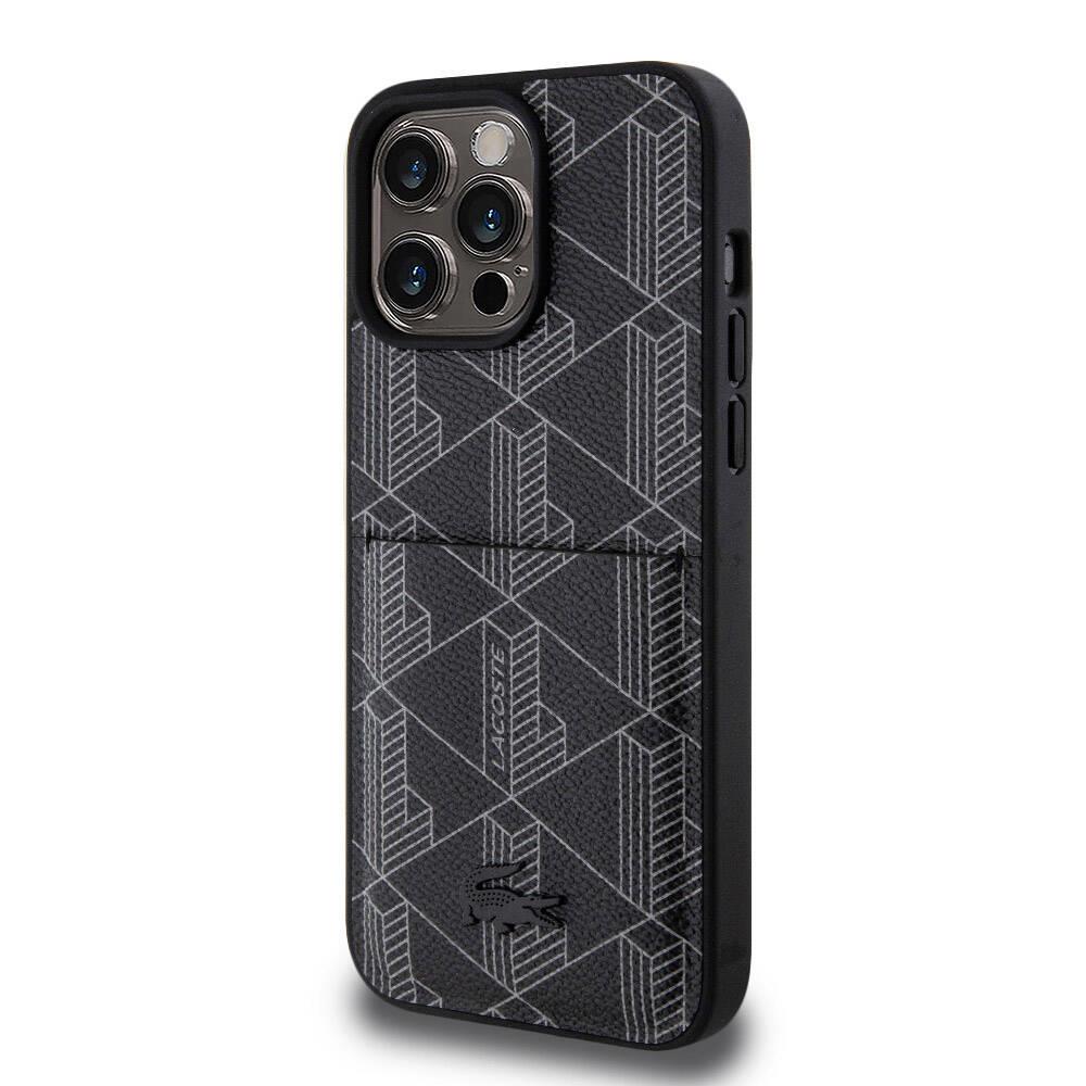 Apple iPhone 15 Pro Max Kılıf Lacoste Orjinal Lisanslı M-safe Şarj Özellikli PU Deri Görünümlü Kartlıklı Karışık Monogram Desenli Kapak