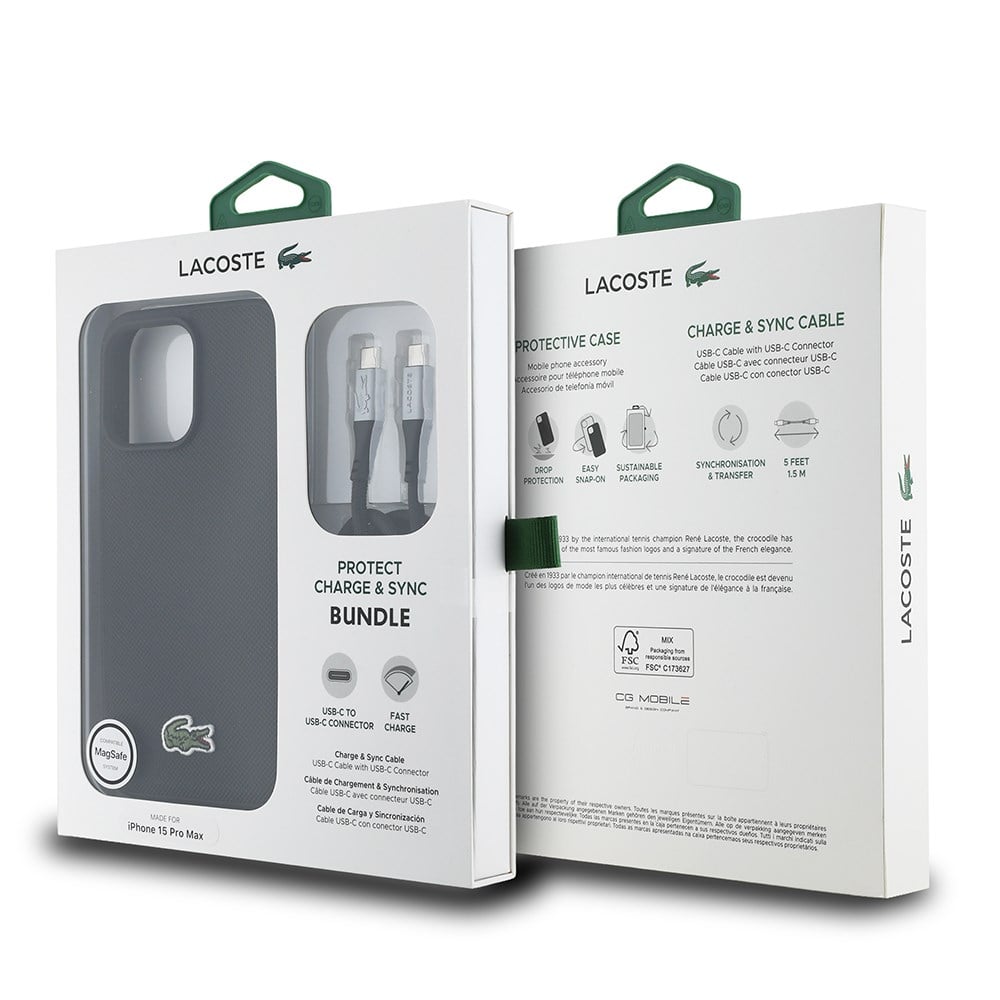 Apple iPhone 15 Pro Max Kılıf Lacoste Orjinal Lisanslı PU Pike Desenli Arka Yüzey İkonik Timsah Dokuma Logolu Kapak + Type-C Kablo 1.5m