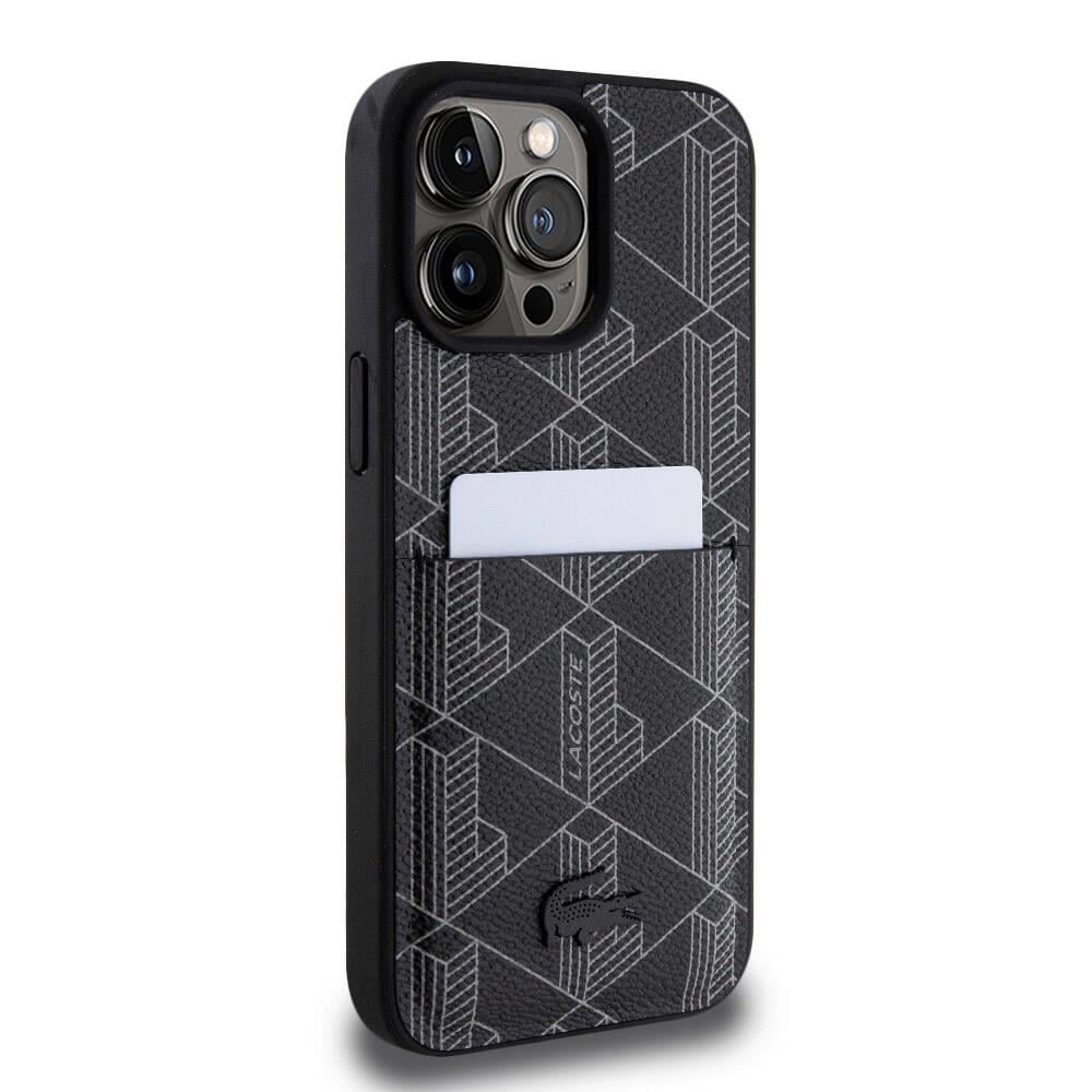 Apple iPhone 15 Pro Max Kılıf Lacoste Orjinal Lisanslı M-safe Şarj Özellikli PU Deri Görünümlü Kartlıklı Karışık Monogram Desenli Kapak