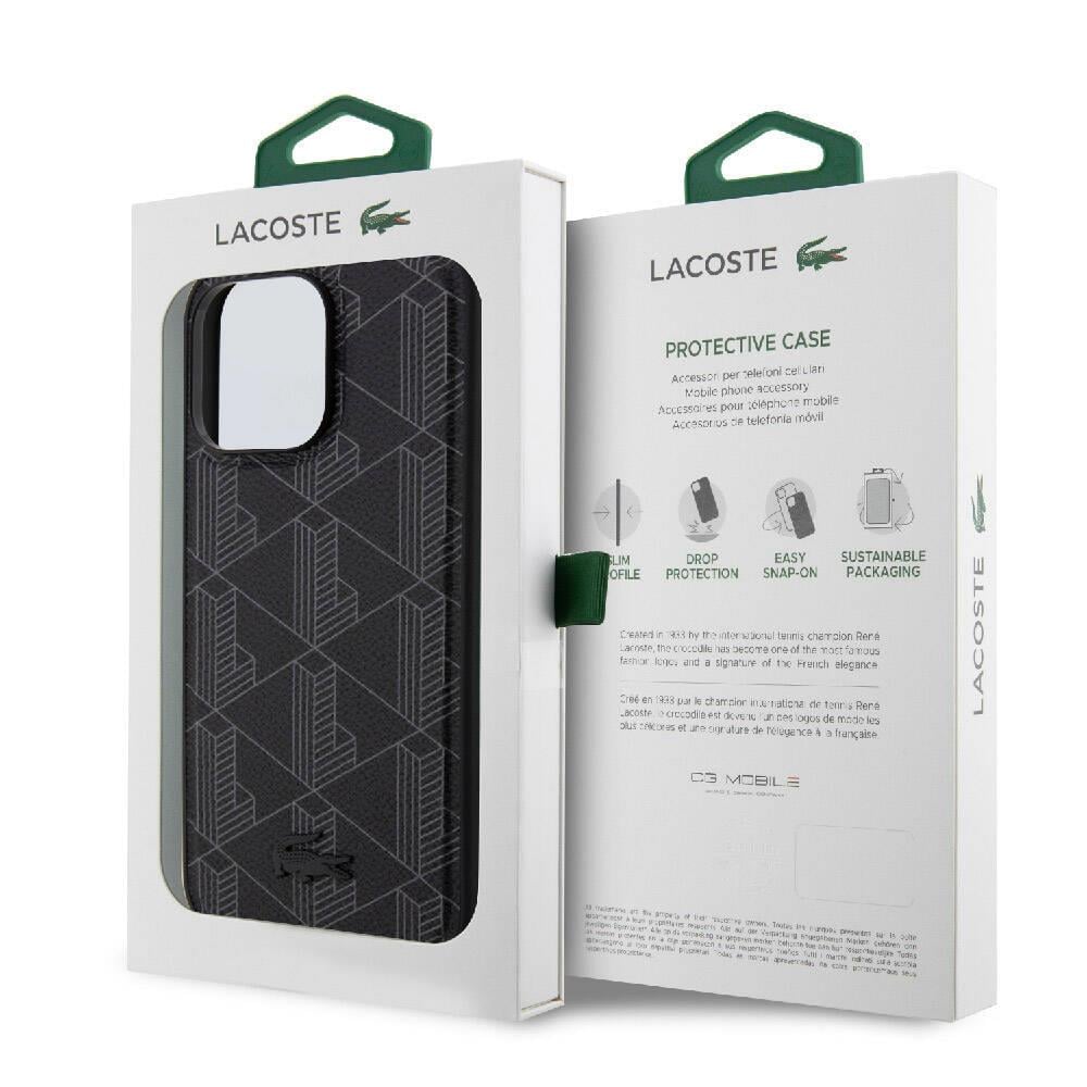 Apple iPhone 15 Pro Max Kılıf Lacoste Orjinal Lisanslı M-safe Şarj Özellikli PU Deri Görünümlü Karışık Monogram Desenli Kapak