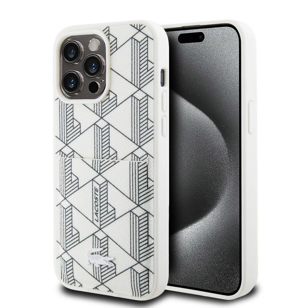 Apple iPhone 15 Pro Max Kılıf Lacoste Orjinal Lisanslı M-safe Şarj Özellikli PU Deri Görünümlü Kartlıklı Karışık Monogram Desenli Kapak