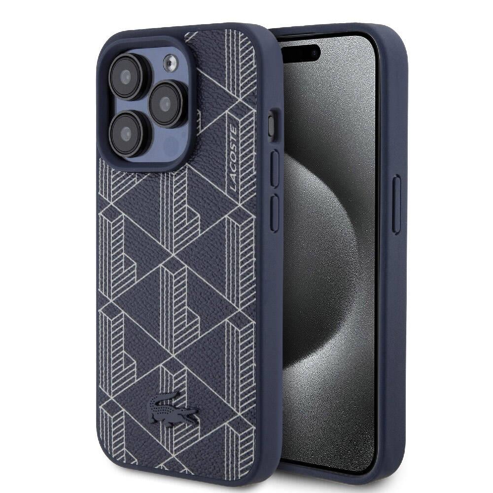 Apple iPhone 15 Pro Max Kılıf Lacoste Orjinal Lisanslı M-safe Şarj Özellikli PU Deri Görünümlü Karışık Monogram Desenli Kapak