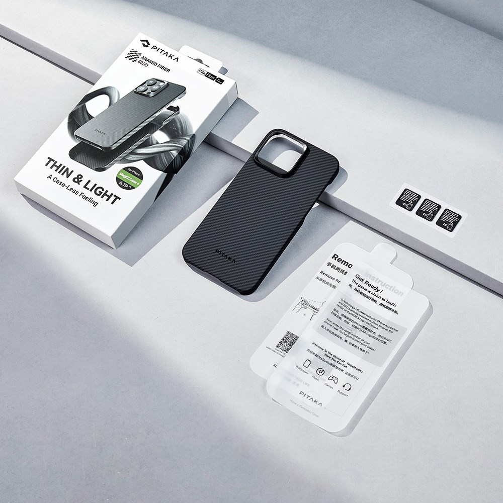 Apple iPhone 15 Pro Max Kılıf M-safe Şarj Özellikli 600D Aramid Fiber Pitaka Ultra-Slim Classic Serisi Black-Grey Twill Kapak