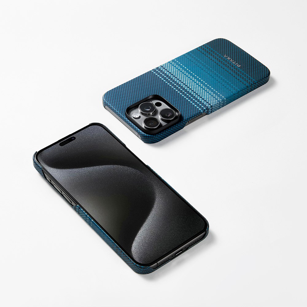 Apple iPhone 15 Pro Max Kılıf M-safe Şarj Özellikli Aramid Fiber Pitaka Tactile Woven Sunset-Moonrise Serisi Moonrise Kapak