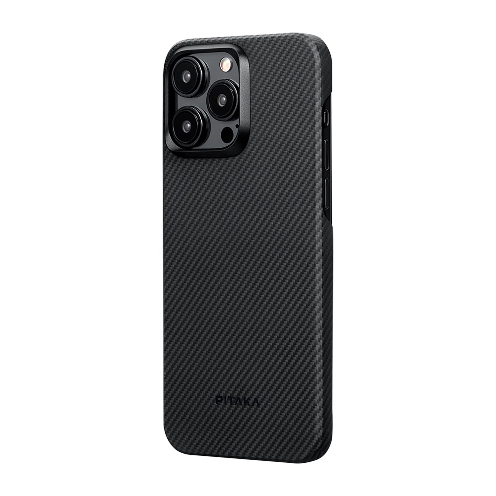 Apple iPhone 15 Pro Max Kılıf M-safe Şarj Özellikli 600D Aramid Fiber Pitaka Ultra-Slim Classic Serisi Black-Grey Twill Kapak
