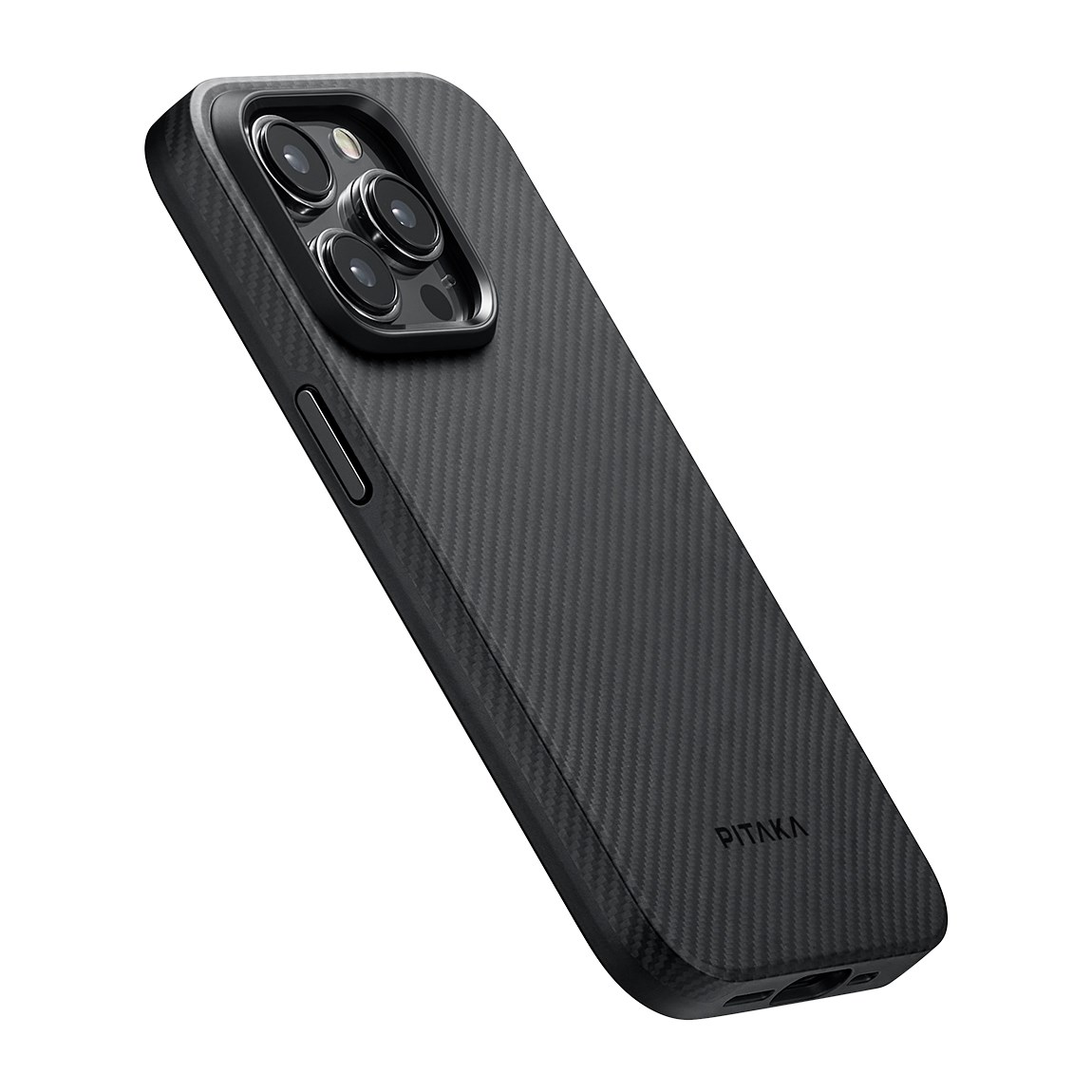 Apple iPhone 15 Pro Max Kılıf M-safe Şarj Özellikli 600D Aramid Fiber Pitaka Military-Grade Classic Serisi Black-Grey Twill Kapak