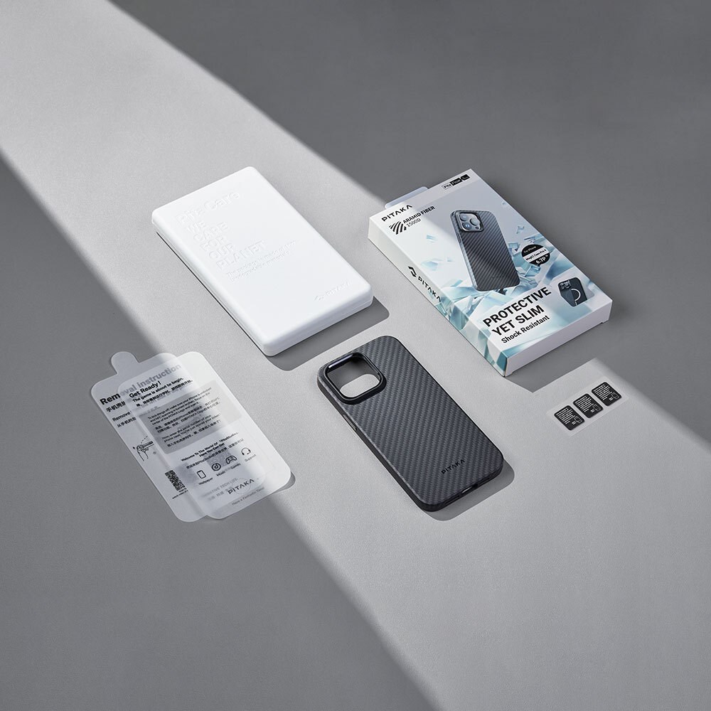 Apple iPhone 15 Pro Max Kılıf M-safe Şarj Özellikli 1500D Aramid Fiber Pitaka Military-Grade Classic Serisi Black-Grey Twill Kapak