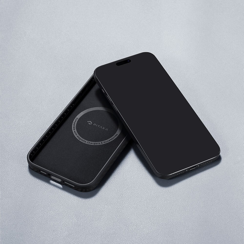 Apple iPhone 15 Pro Max Kılıf M-safe Şarj Özellikli 1500D Aramid Fiber Pitaka Military-Grade Classic Serisi Black-Grey Twill Kapak