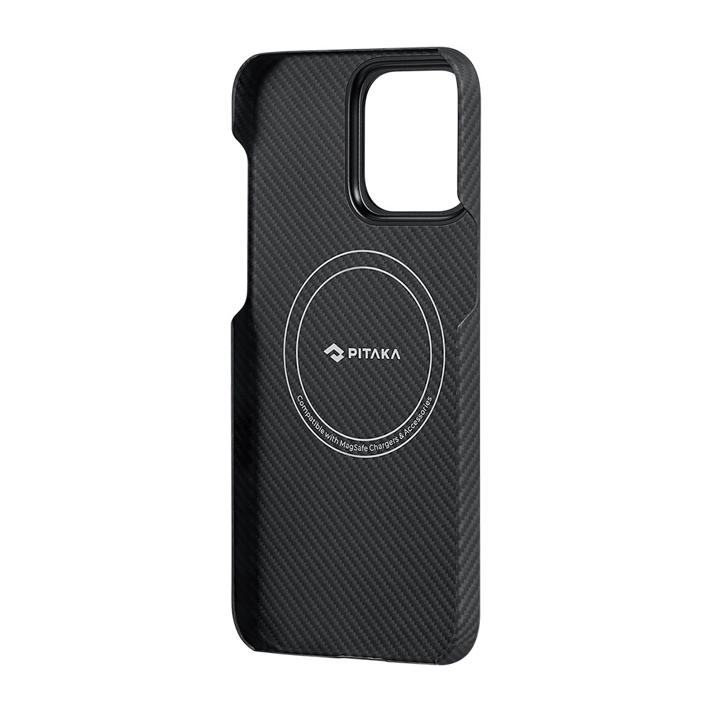 Apple iPhone 15 Pro Max Kılıf M-safe Şarj Özellikli 600D Aramid Fiber Pitaka Ultra-Slim Classic Serisi Black-Grey Twill Kapak
