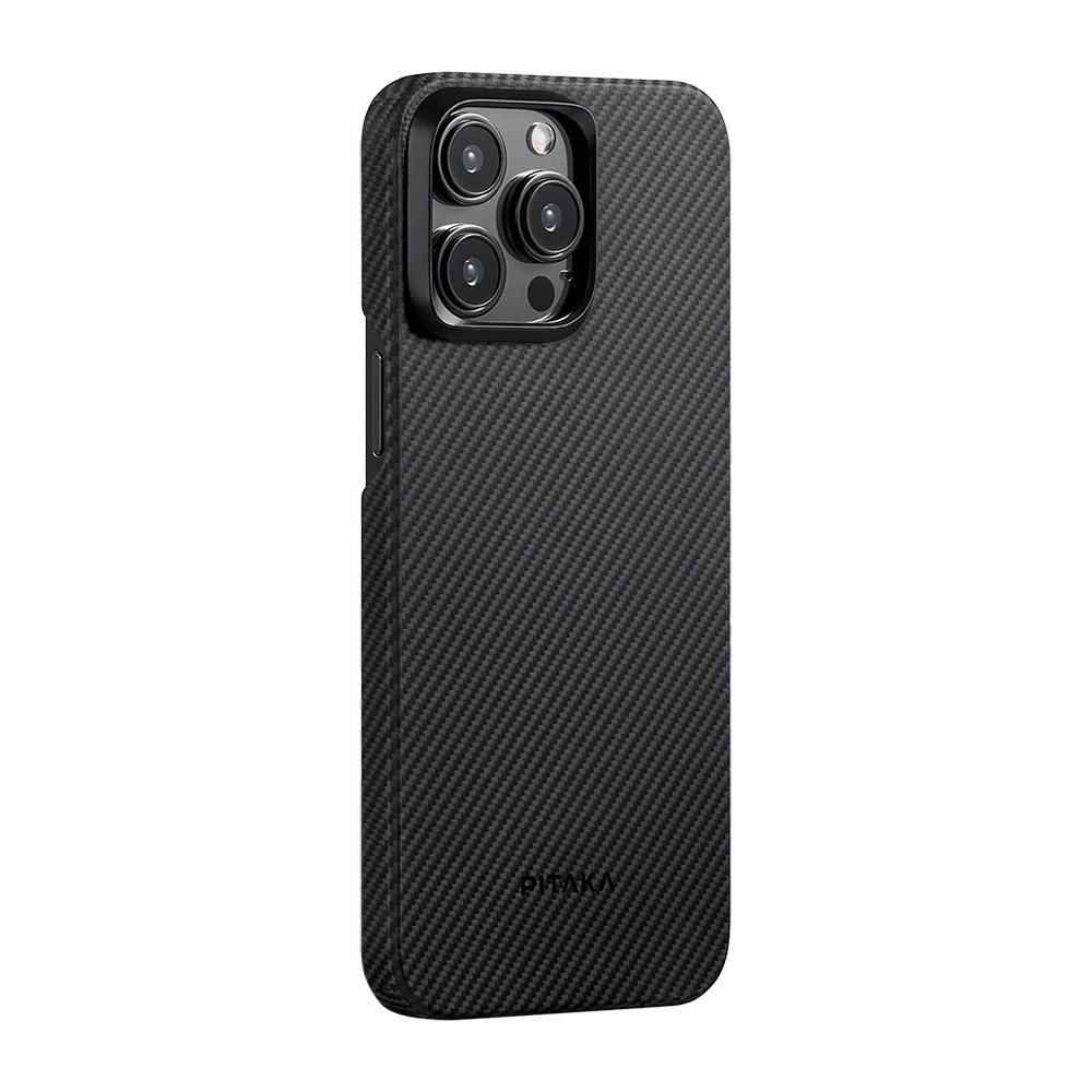 Apple iPhone 15 Pro Max Kılıf M-safe Şarj Özellikli 600D Aramid Fiber Pitaka Ultra-Slim Classic Serisi Black-Grey Twill Kapak
