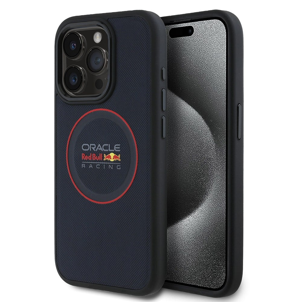 Apple iPhone 15 Pro Max Kılıf Redbull Orjinal Lisanslı M-safe Şarj Özellikli Kırmızı Halka ve Logo Kabartmalı PU Deri Kapak