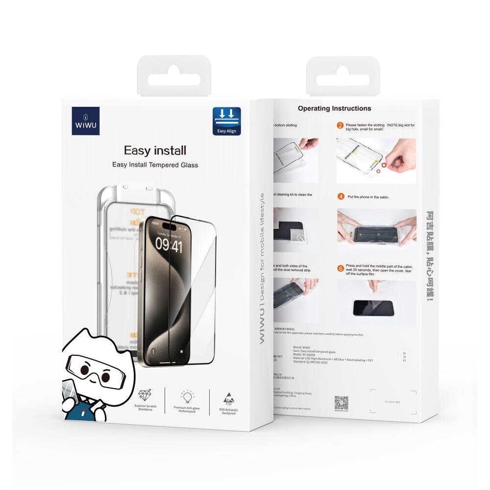 Apple iPhone 15 Pro Max Wiwu SQ-008 Oleofobik Easy Install Darbeye Karşı Dayanıklı Temperli Cam Ekran Koruyucu + Kolay Uygulama Aparatlı