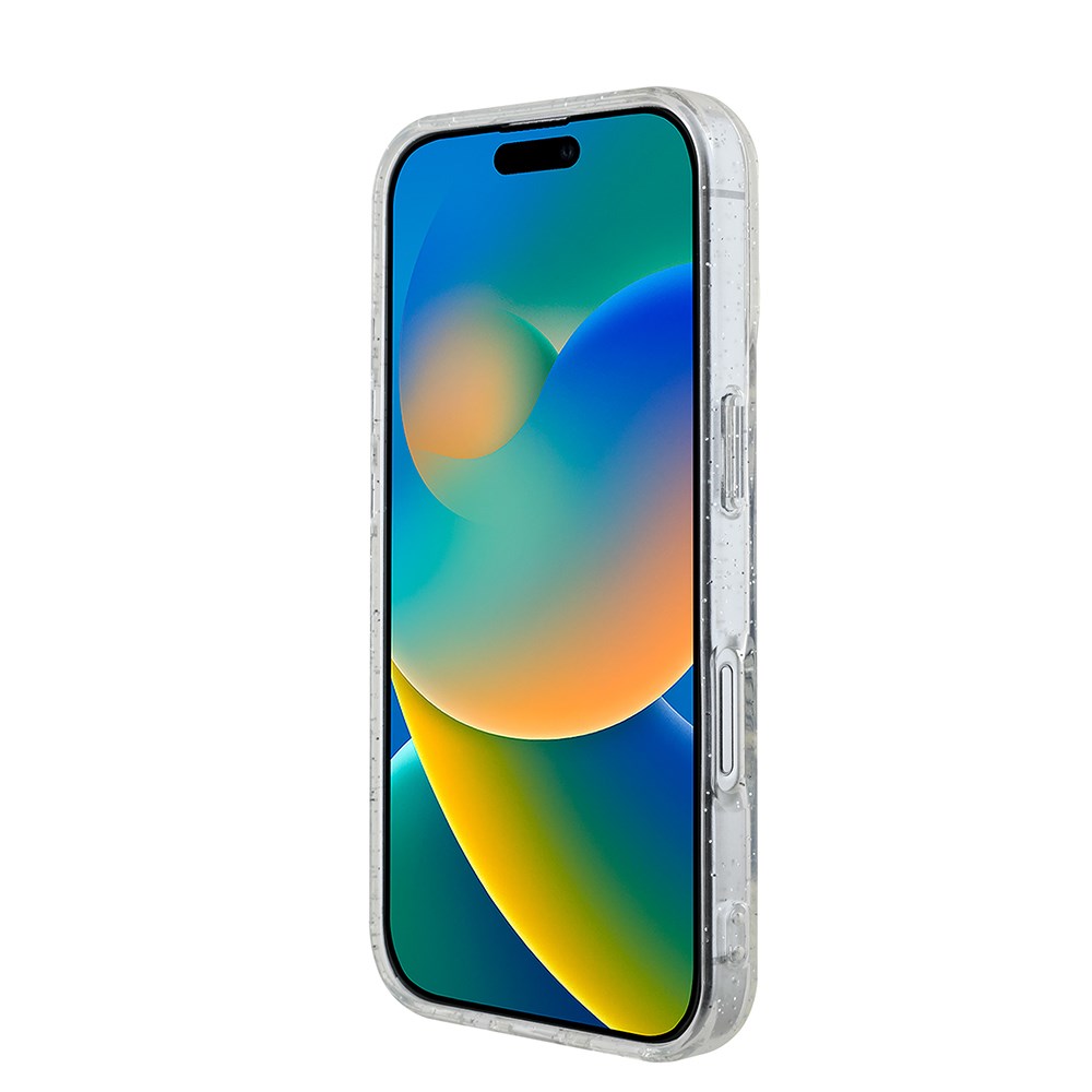 Apple iPhone 16 Guess Orjinal Lisanslı 3'lü Aksesuar Seti IML Baskılı Simli Glitter Kılıf + Ekran Koruyucu + Lens Koruyucu