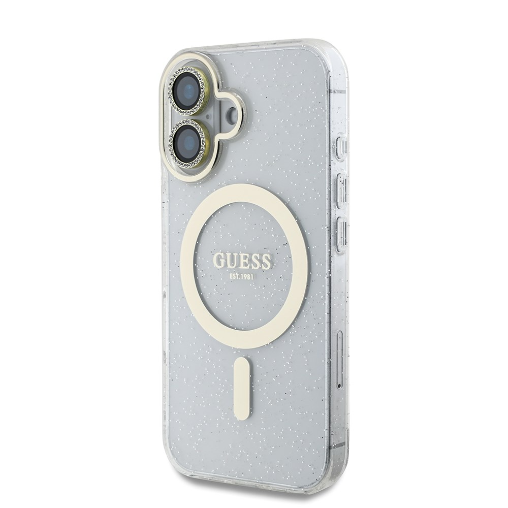 Apple iPhone 16 Guess Orjinal Lisanslı 3'lü Aksesuar Seti IML Baskılı Simli Glitter Kılıf + Ekran Koruyucu + Lens Koruyucu