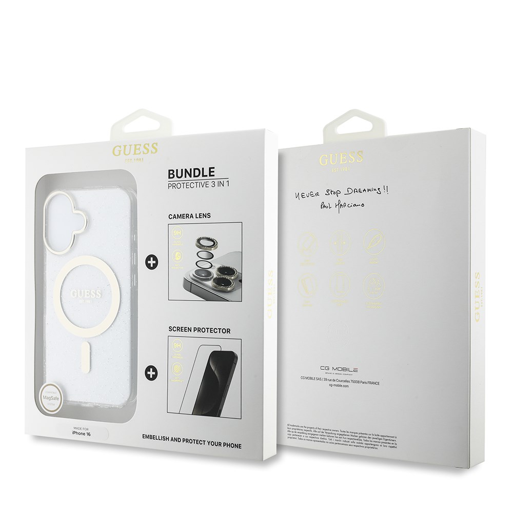 Apple iPhone 16 Guess Orjinal Lisanslı 3'lü Aksesuar Seti IML Baskılı Simli Glitter Kılıf + Ekran Koruyucu + Lens Koruyucu
