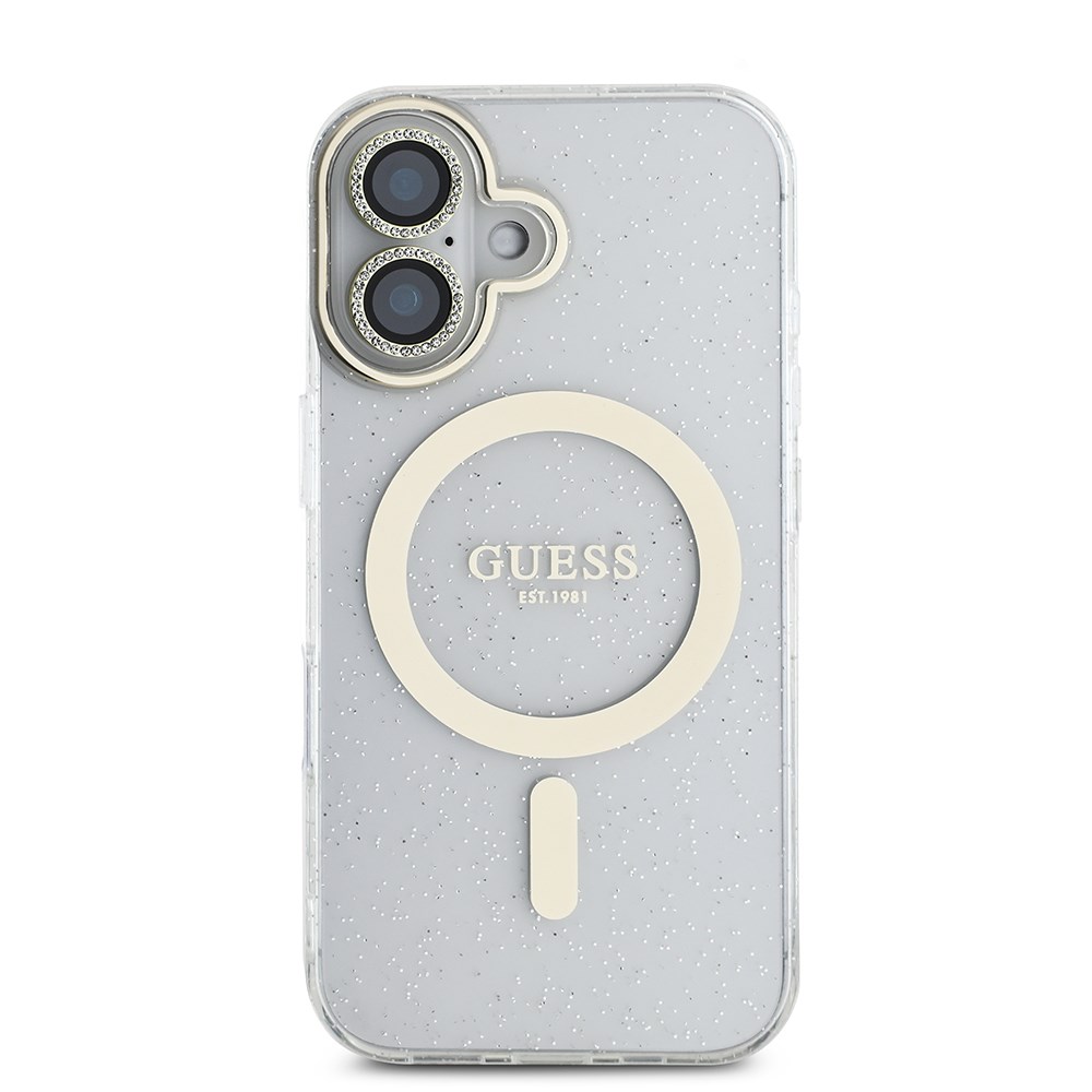 Apple iPhone 16 Guess Orjinal Lisanslı 3'lü Aksesuar Seti IML Baskılı Simli Glitter Kılıf + Ekran Koruyucu + Lens Koruyucu