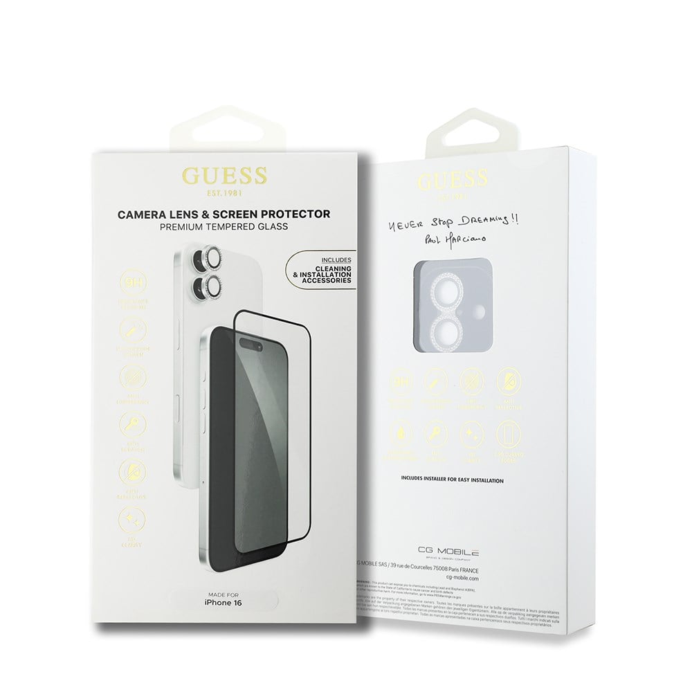 Apple iPhone 16 Guess Orjinal Lisanslı Rhinestone Ekran Koruyucu + Lens Koruyucu 2in1 Aksesuar Seti