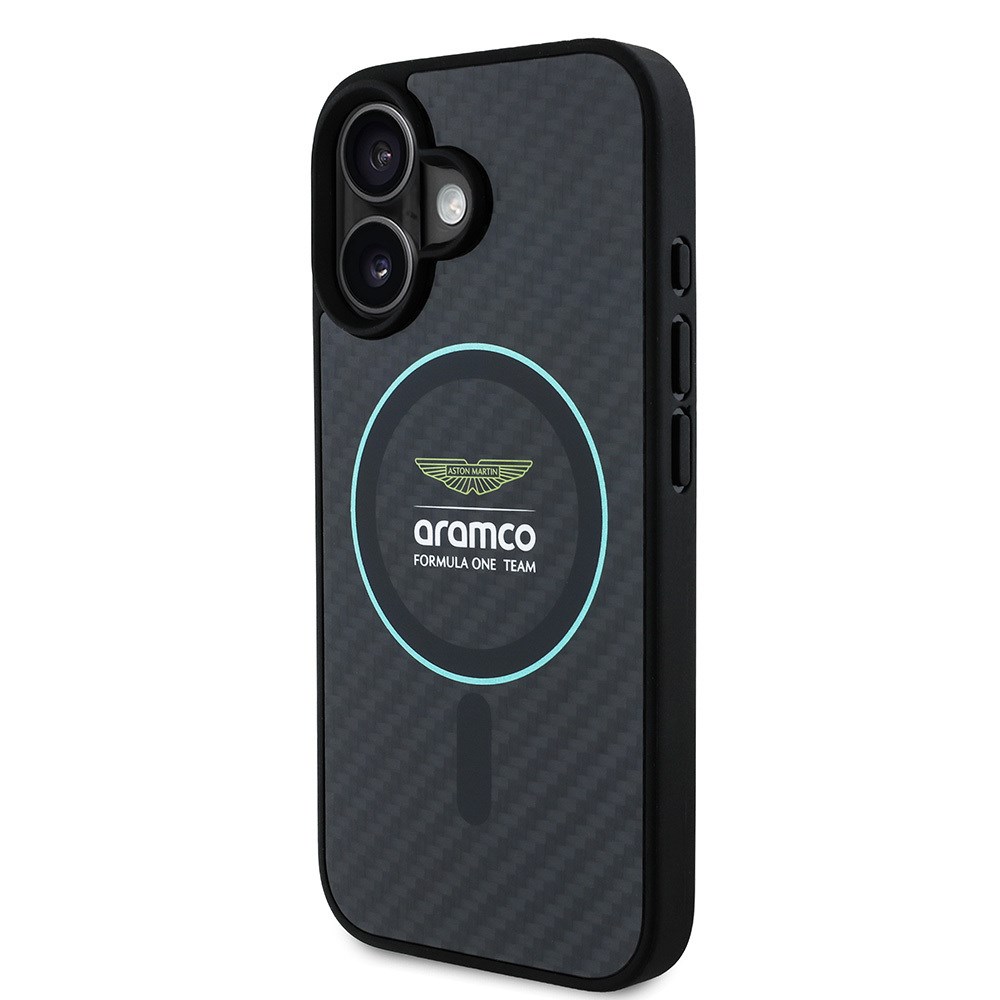 Apple iPhone 16 Kılıf Aston Martin Orjinal Lisanslı M-safe Şarj Özellikli Renkli Halka ve Karbon Fiber Tasarımlı Kapak