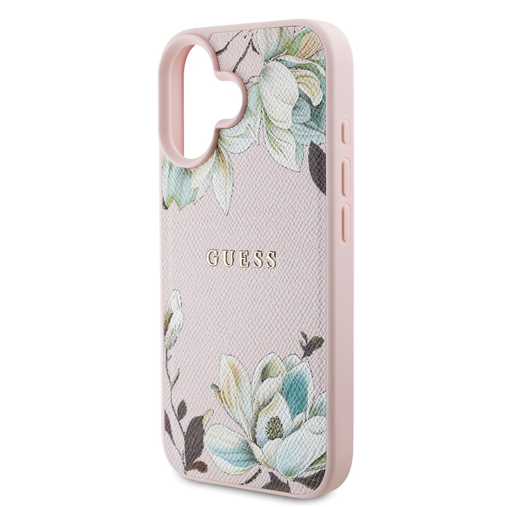 Apple iPhone 16 Kılıf Guess Orjinal Lisanslı M-safe Şarj Özellikli Taneli Çiçek Tasarımlı Metal Yazı Logolu Kapak