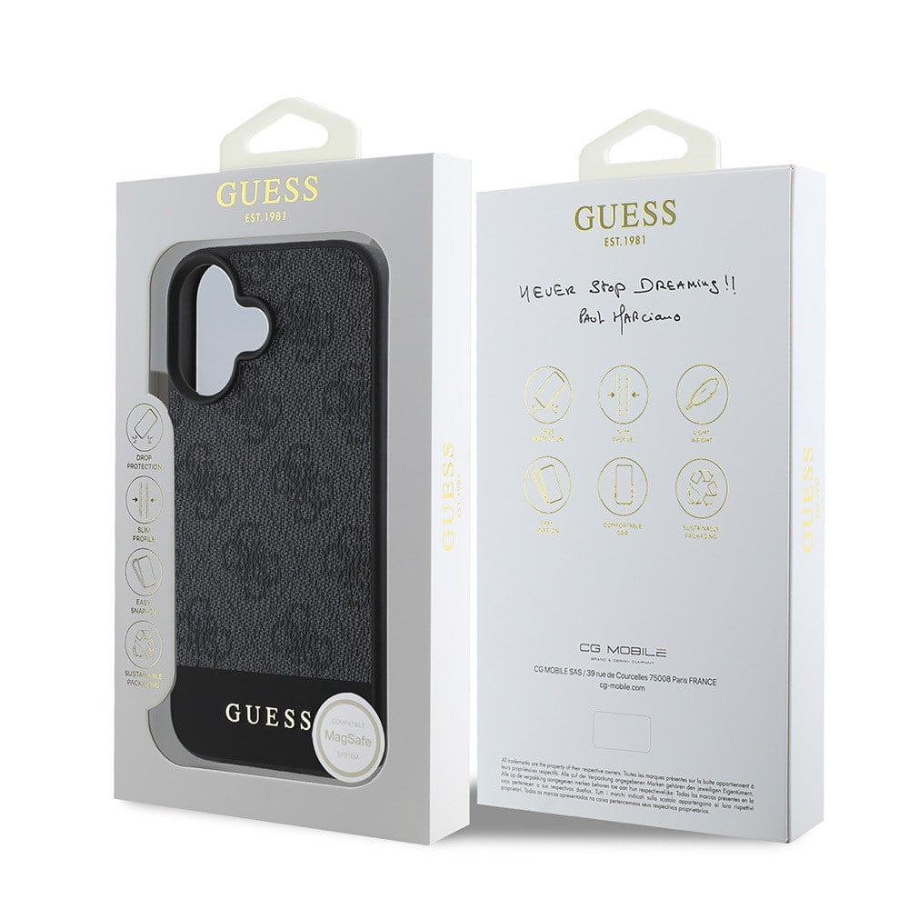 Apple iPhone 16 Kılıf Guess Orjinal Lisanslı M-safe Şarj Özellikli PU Deri Şerit Logo Dizaynlı Kapak