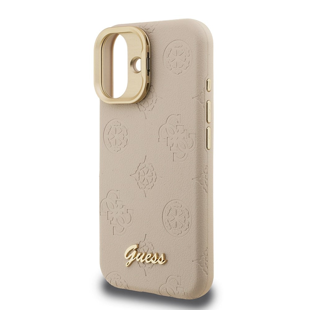 Apple iPhone 16 Kılıf Guess Orjinal Lisanslı M-safe Şarj Özellikli Sıcak Baskılı Yazı Logolu Kamera Standlı PU Deri Peony Kapak