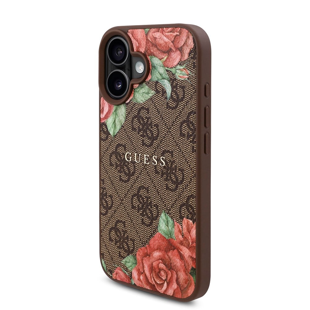 Apple iPhone 16 Kılıf Guess Orjinal Lisanslı M-safe Şarj Özellikli Gül Baskılı 4G Desenli Yazı Logolu Kapak