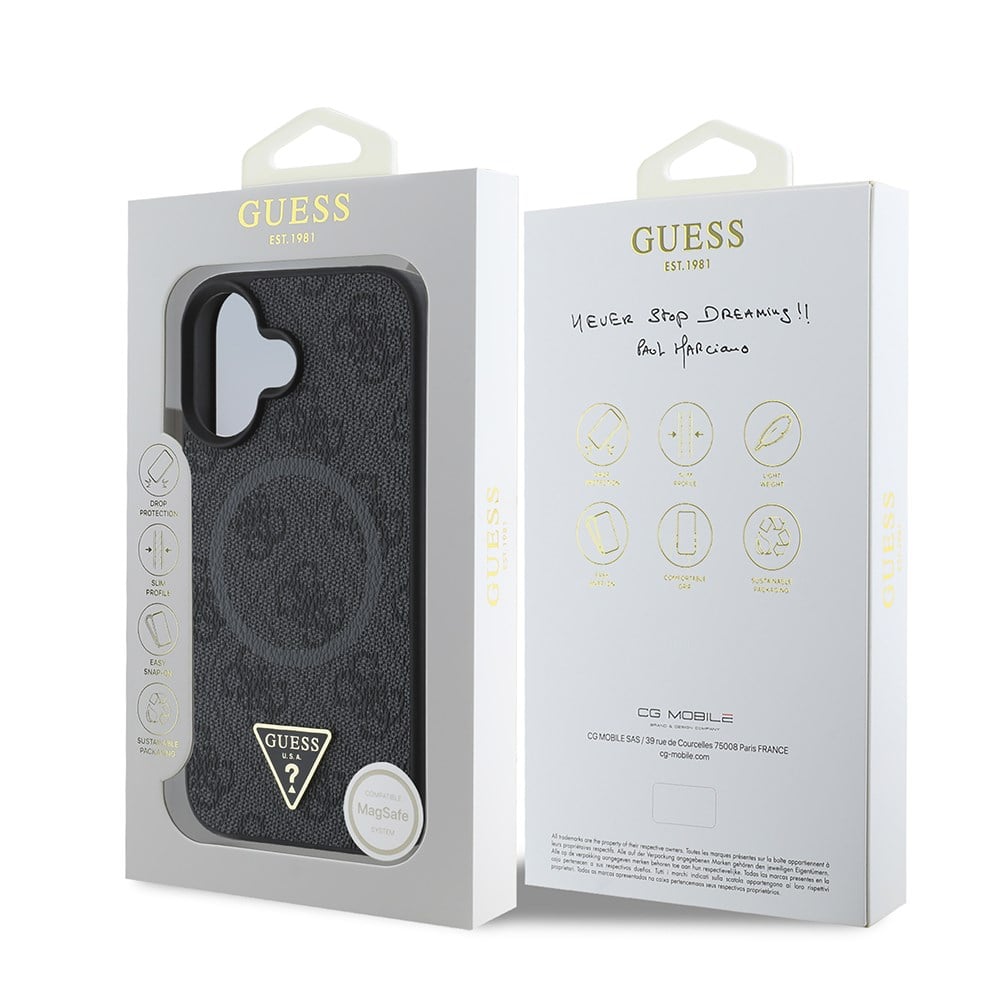 Apple iPhone 16 Kılıf Guess Orjinal Lisanslı M-safe Şarj Özellikli PU Üçgen Logo 4G Desenli Kapak