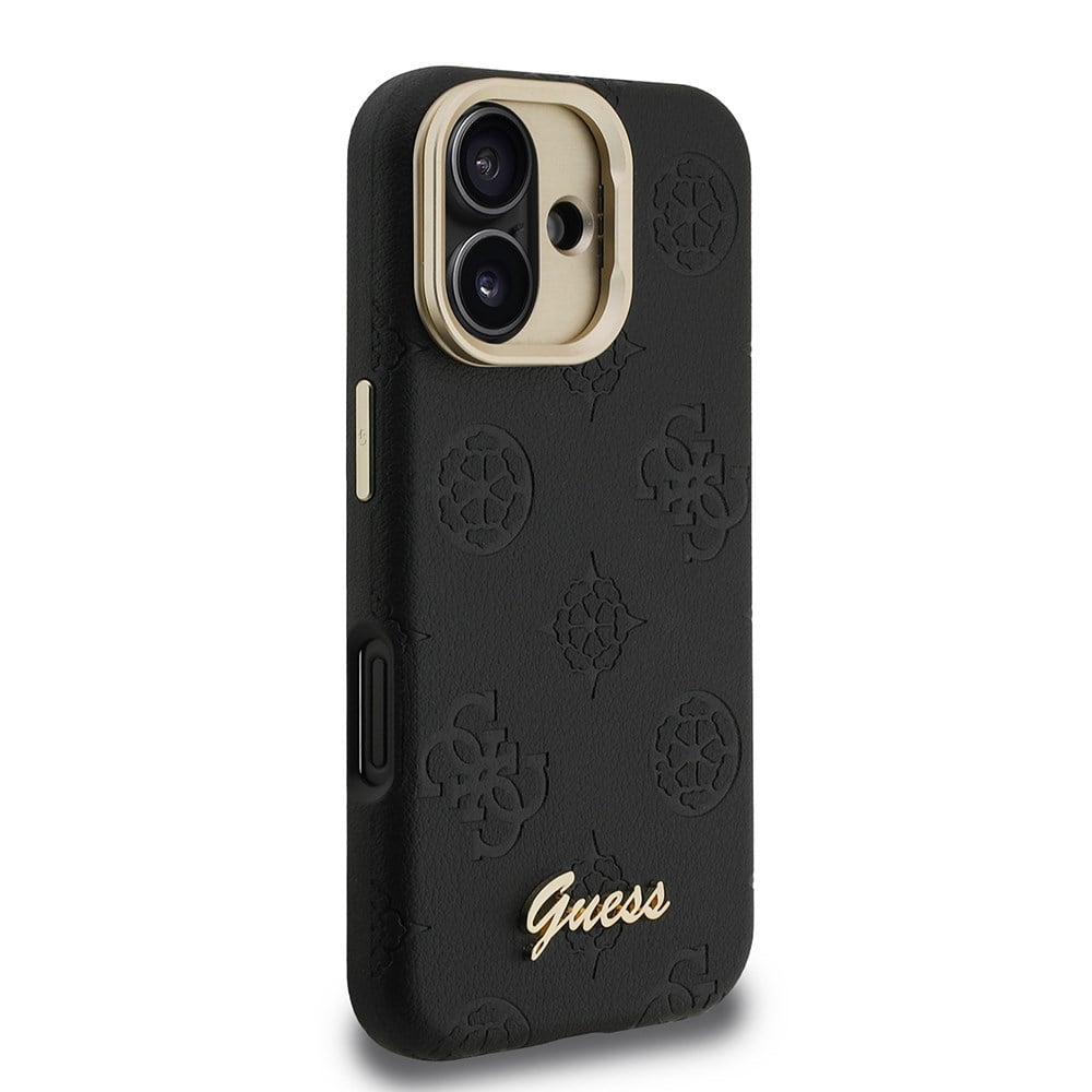 Apple iPhone 16 Kılıf Guess Orjinal Lisanslı M-safe Şarj Özellikli Sıcak Baskılı Yazı Logolu Kamera Standlı PU Deri Peony Kapak