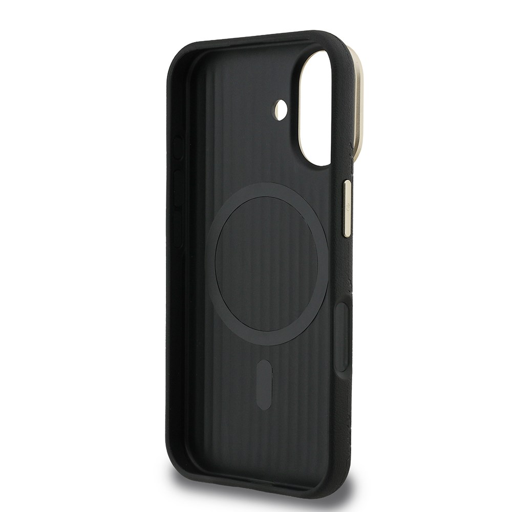 Apple iPhone 16 Kılıf Guess Orjinal Lisanslı M-safe Şarj Özellikli Sıcak Baskılı Yazı Logolu Kamera Standlı PU Deri Peony Kapak