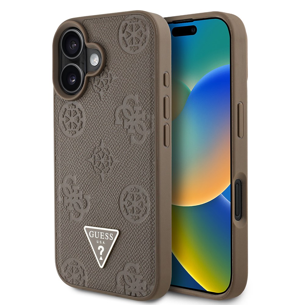 Apple iPhone 16 Kılıf Guess Orjinal Lisanslı M-safe Şarj Özellikli Sıcak Baskılı Üçgen Logolu PU Deri Peony Kapak