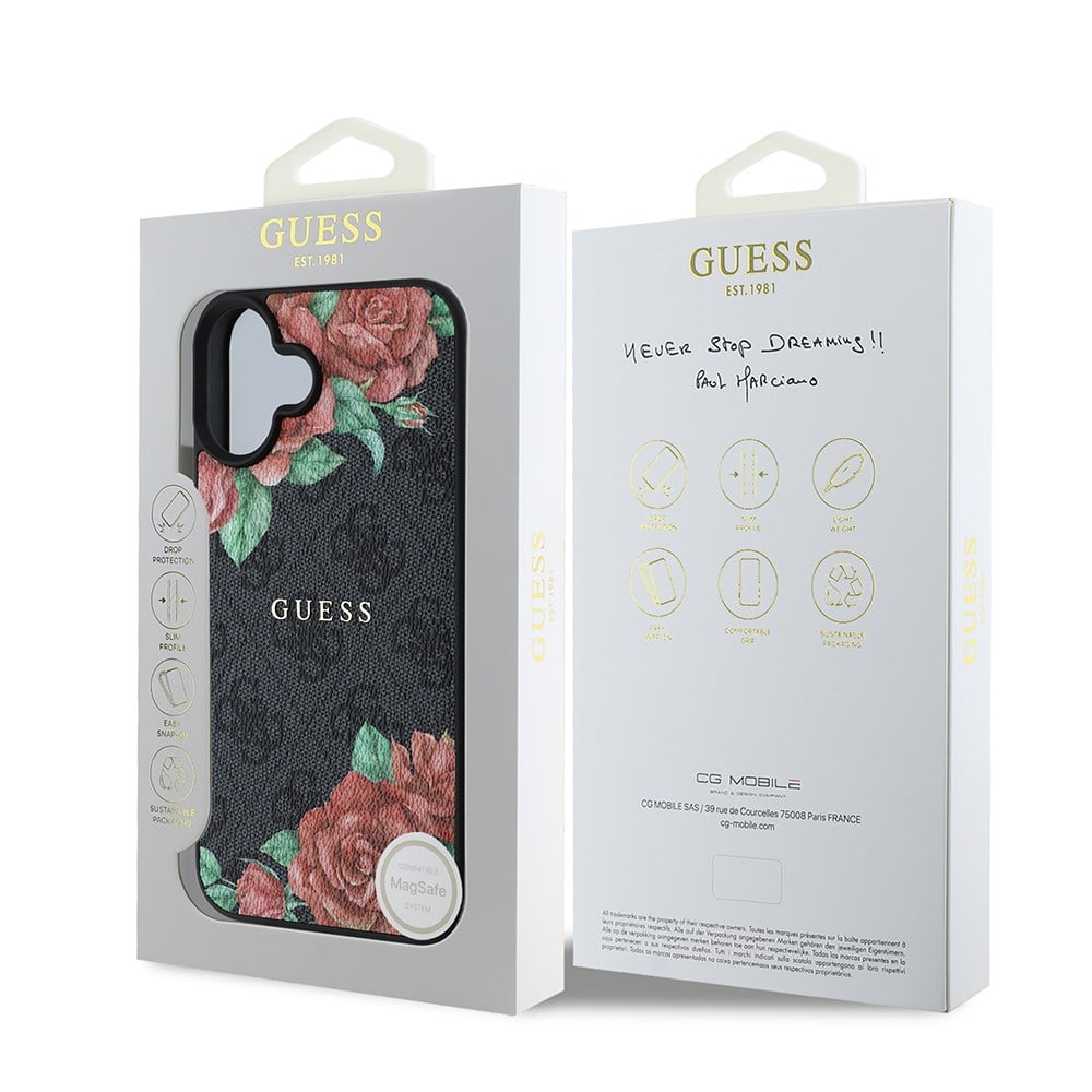 Apple iPhone 16 Kılıf Guess Orjinal Lisanslı M-safe Şarj Özellikli Gül Baskılı 4G Desenli Yazı Logolu Kapak