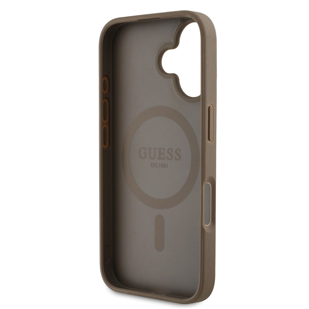 Apple iPhone 16 Kılıf Guess Orjinal Lisanslı M-safe Şarj Özellikli Sıcak Baskılı Üçgen Logolu PU Deri Peony Kapak