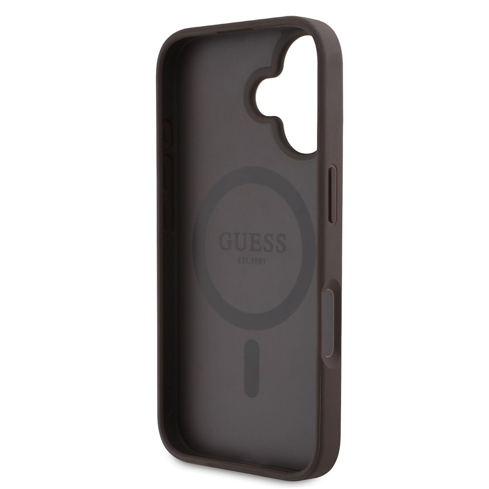 Apple iPhone 16 Kılıf Guess Orjinal Lisanslı M-safe Şarj Özellikli PU Deri 4G Desenli Taşlı Üçgen Logolu Kapak