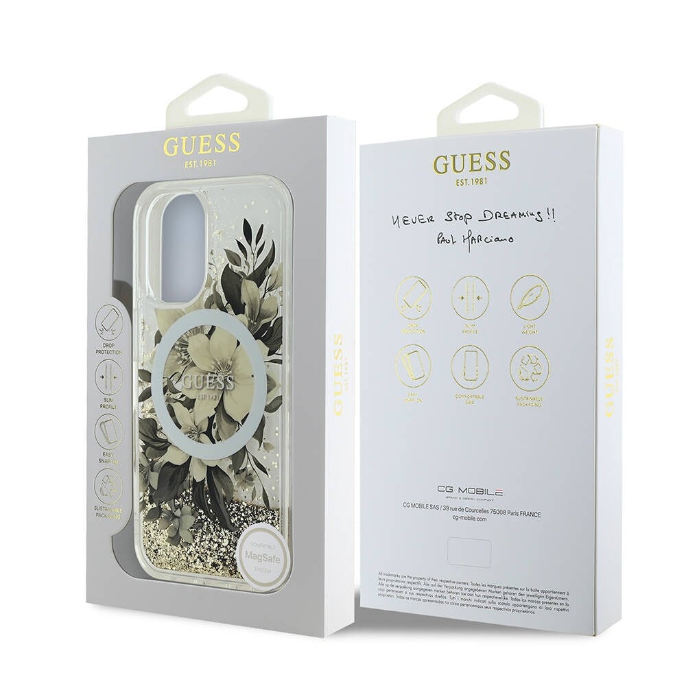 Apple iPhone 16 Kılıf Guess Orjinal Lisanslı M-safe Şarj Özellikli Sıvılı Simli Çiçek Desenli Kapak