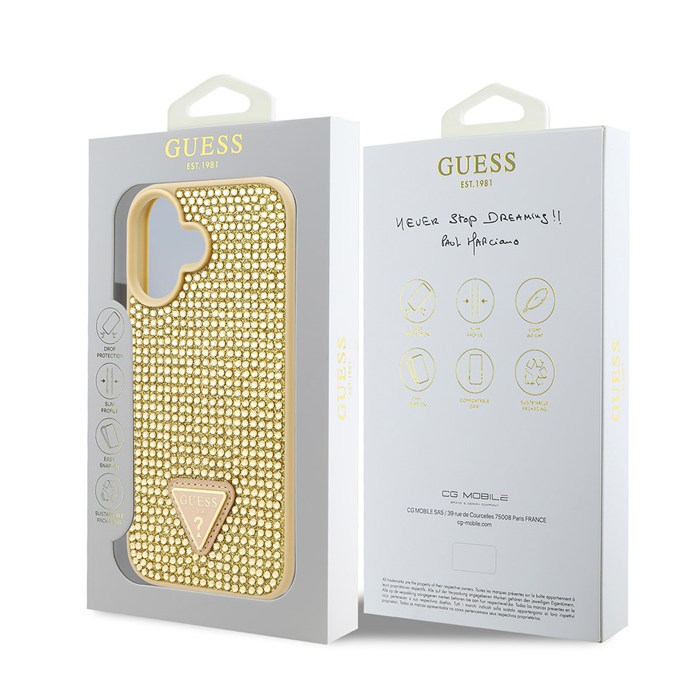 Apple iPhone 16 Kılıf Guess Orjinal Lisanslı Taşlı Arka Yüzey Üçgen Logolu Kapak