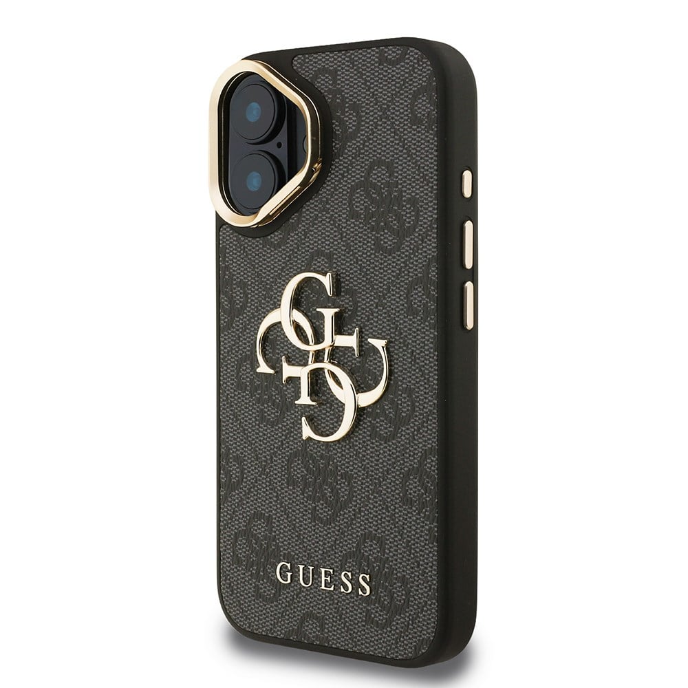 Apple iPhone 16 Kılıf Guess Orjinal Lisanslı PU Deri 4G Desenli Metal Büyük 4G ve Yazı Logolu Kamera Standlı Kapak