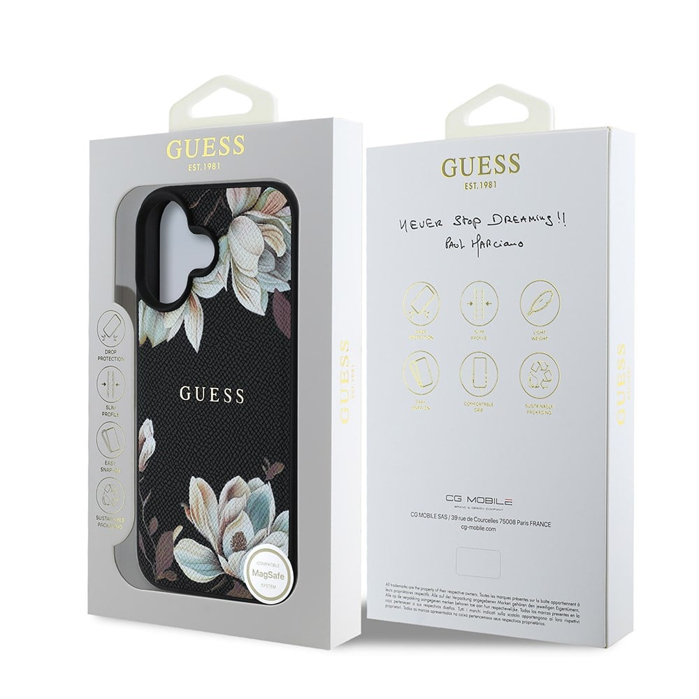 Apple iPhone 16 Kılıf Guess Orjinal Lisanslı M-safe Şarj Özellikli Taneli Çiçek Tasarımlı Metal Yazı Logolu Kapak