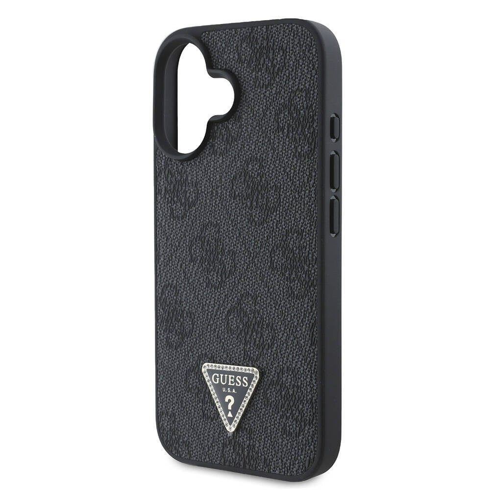 Apple iPhone 16 Kılıf Guess Orjinal Lisanslı M-safe Şarj Özellikli PU Deri 4G Desenli Taşlı Üçgen Logolu Kapak