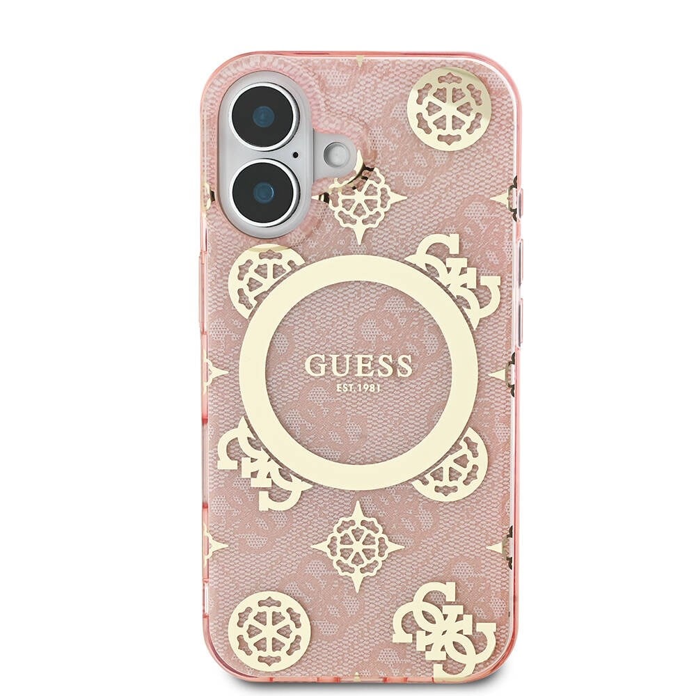 Apple iPhone 16 Kılıf Guess Orjinal Lisanslı M-safe Şarj Özellikli 4G Desenli IML Yazı Logolu Peony Kapak