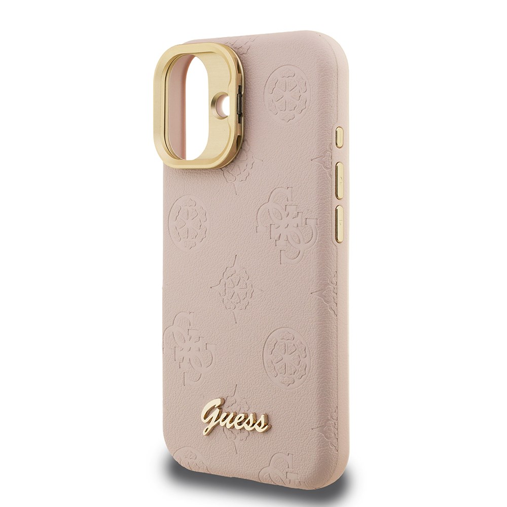 Apple iPhone 16 Kılıf Guess Orjinal Lisanslı M-safe Şarj Özellikli Sıcak Baskılı Yazı Logolu Kamera Standlı PU Deri Peony Kapak