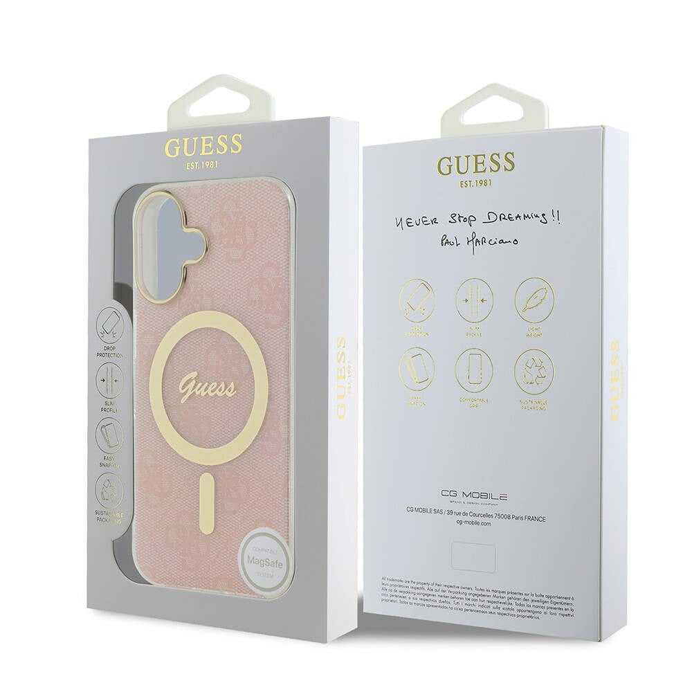 Apple iPhone 16 Kılıf Guess Orjinal Lisanslı M-safe Şarj Özellikli Yazı Logolu 4G Desenli Kapak