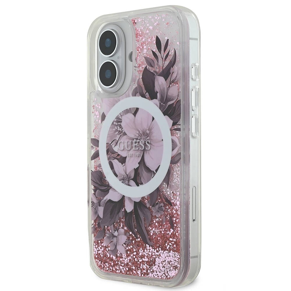 Apple iPhone 16 Kılıf Guess Orjinal Lisanslı M-safe Şarj Özellikli Sıvılı Simli Çiçek Desenli Kapak